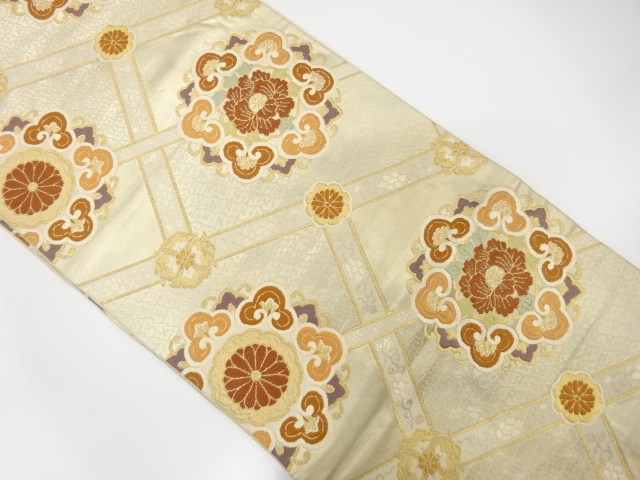 JAPANESE KIMONO / ANTIQUE FUKURO OBI / SILK / WOVEN FLORAL CREST